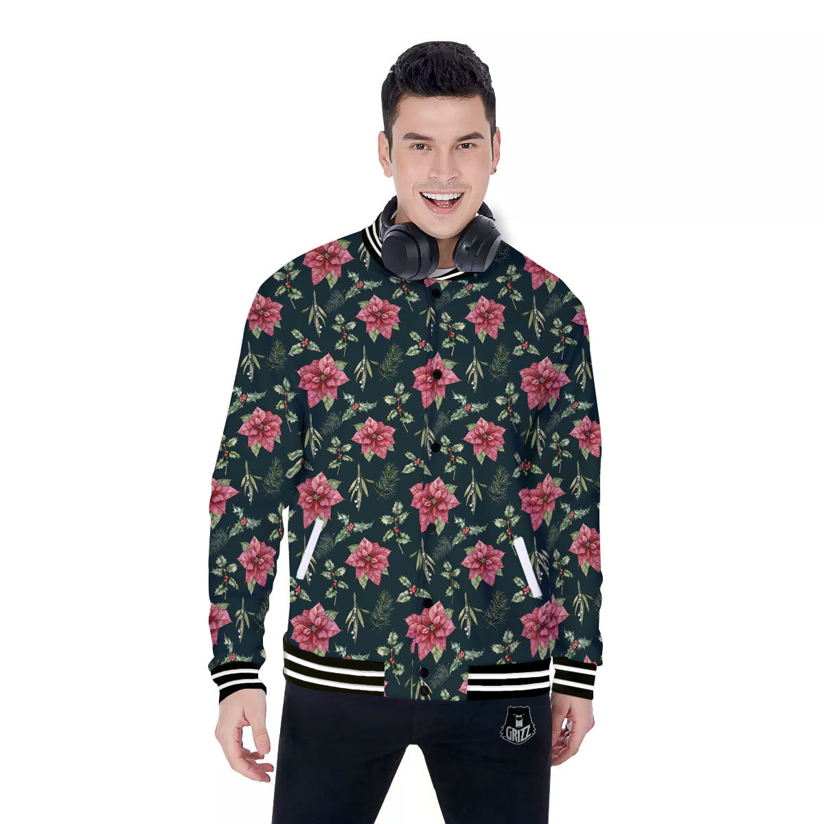 Poinsettia Christmas Watercolor Print Pattern Baseball Jacket-grizzshop