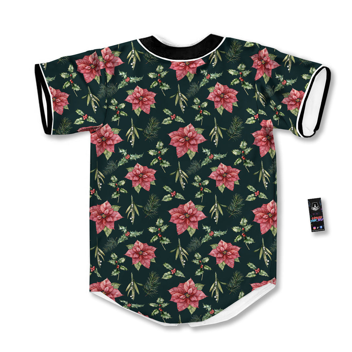 Poinsettia Christmas Watercolor Print Pattern Baseball Jersey-grizzshop