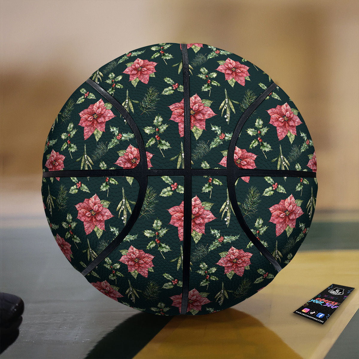 Poinsettia Christmas Watercolor Print Pattern Basketball