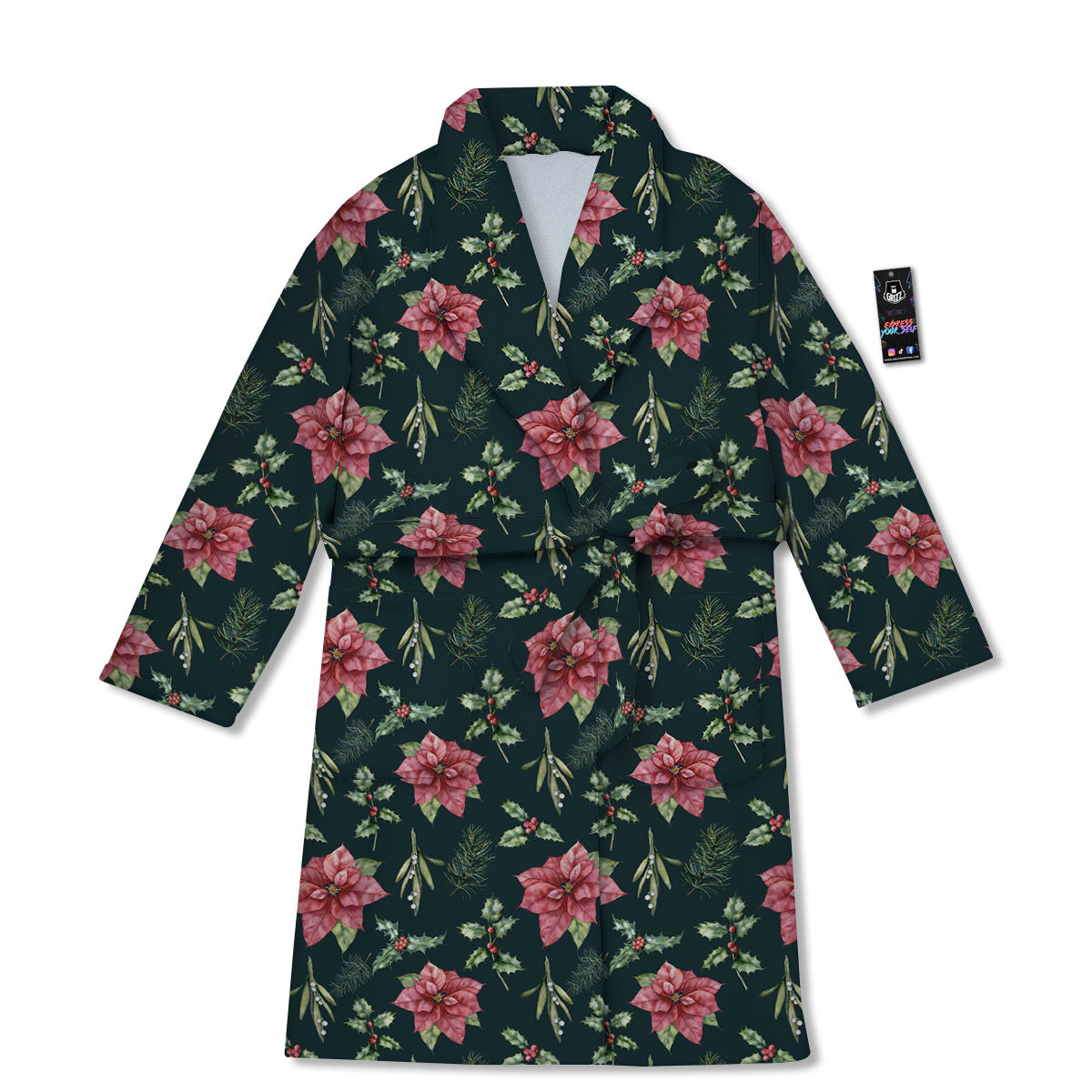 Poinsettia Christmas Watercolor Print Pattern Bathrobe-grizzshop