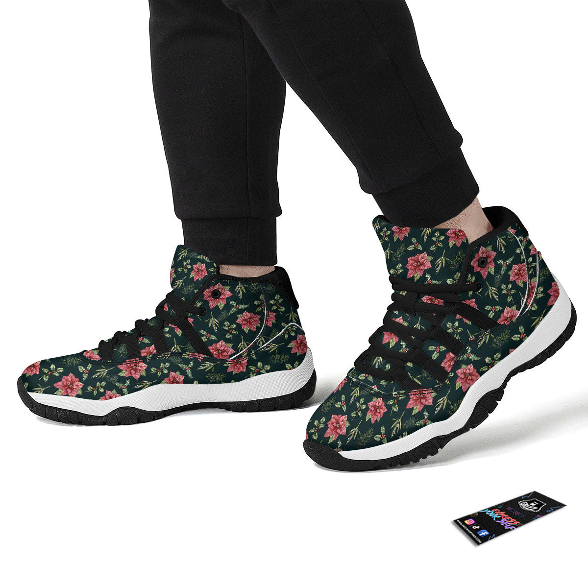 Poinsettia Christmas Watercolor Print Pattern Black Bball Shoes-grizzshop