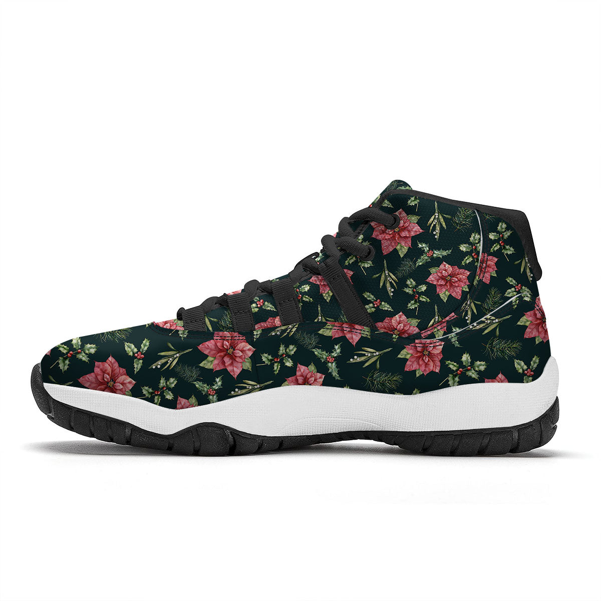 Poinsettia Christmas Watercolor Print Pattern Black Bball Shoes-grizzshop