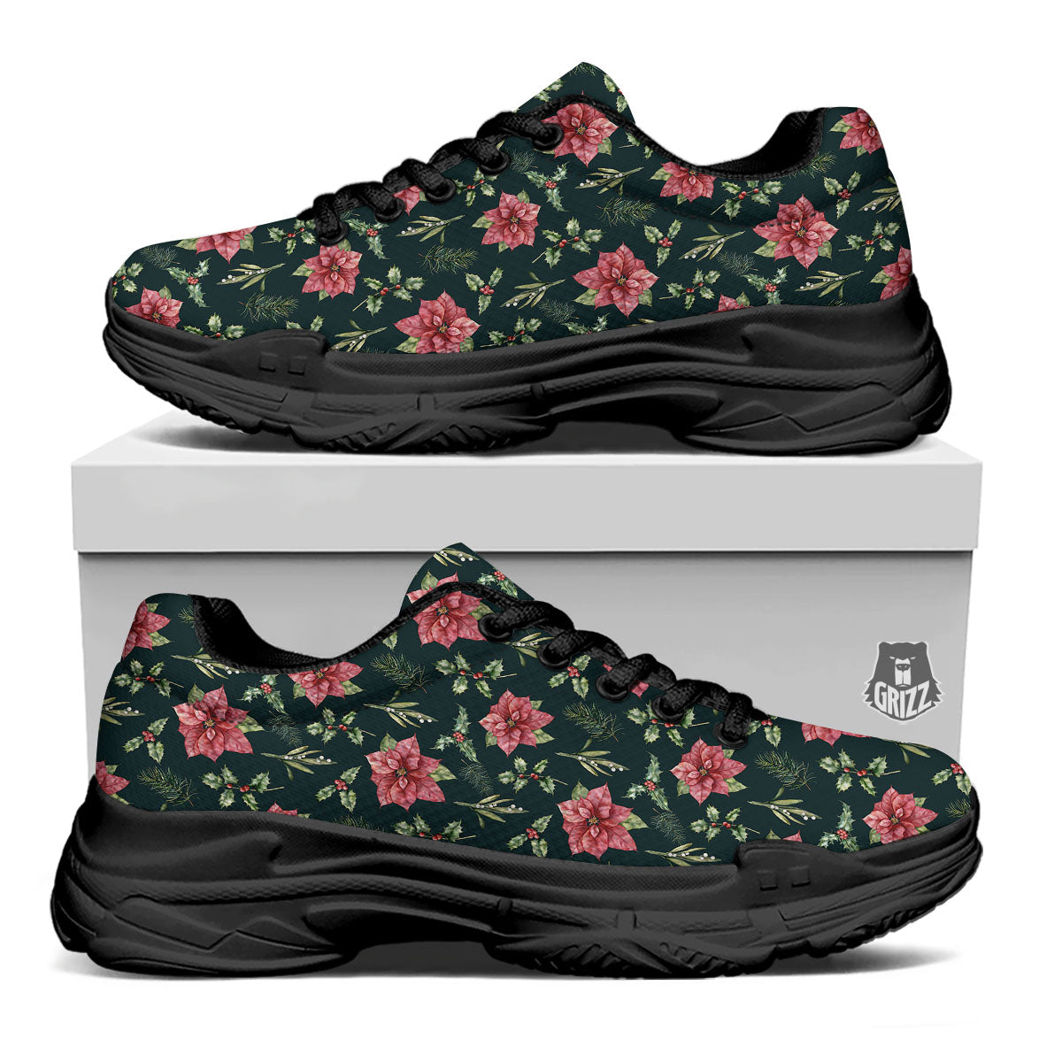 Poinsettia Christmas Watercolor Print Pattern Black Chunky Shoes-grizzshop