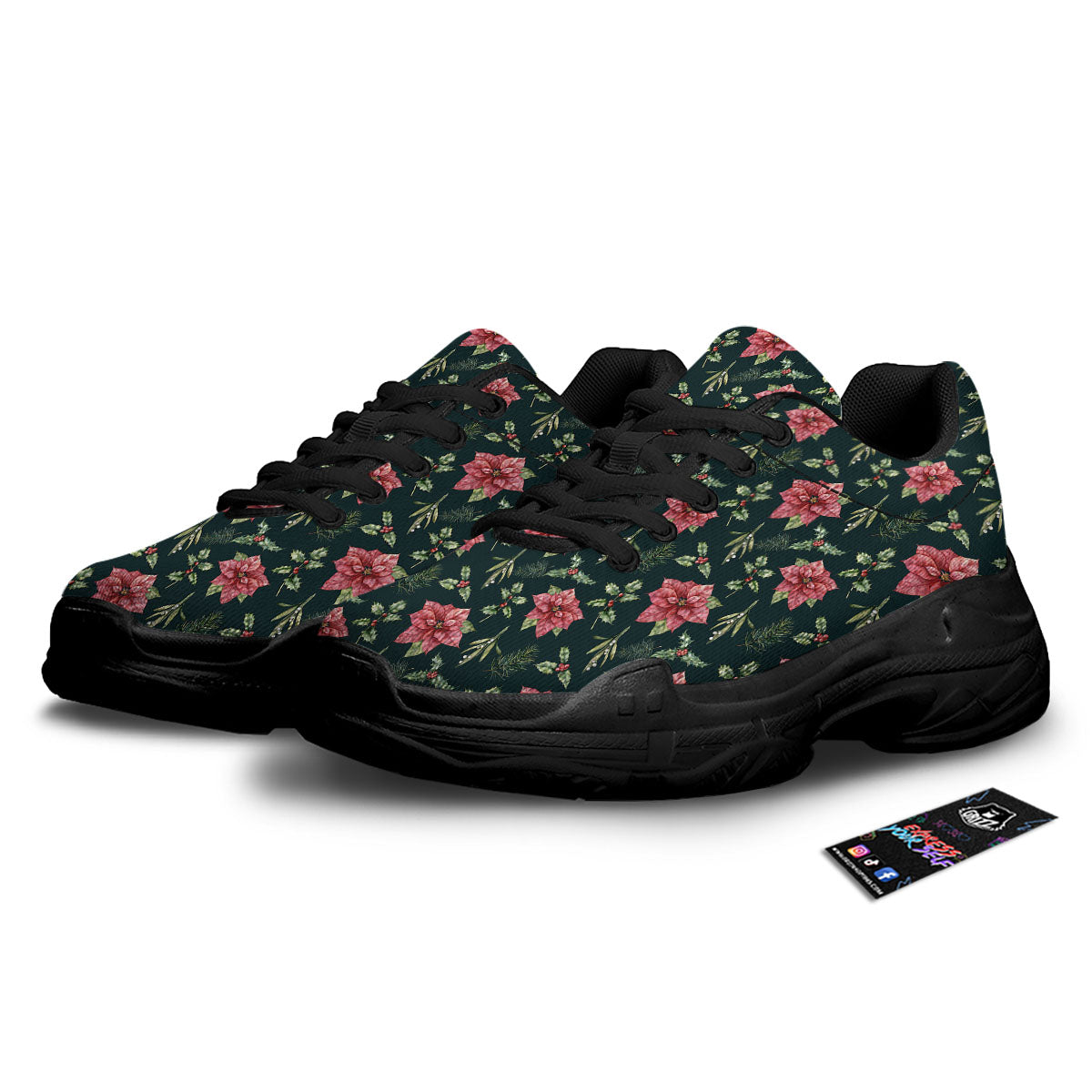 Poinsettia Christmas Watercolor Print Pattern Black Chunky Shoes-grizzshop
