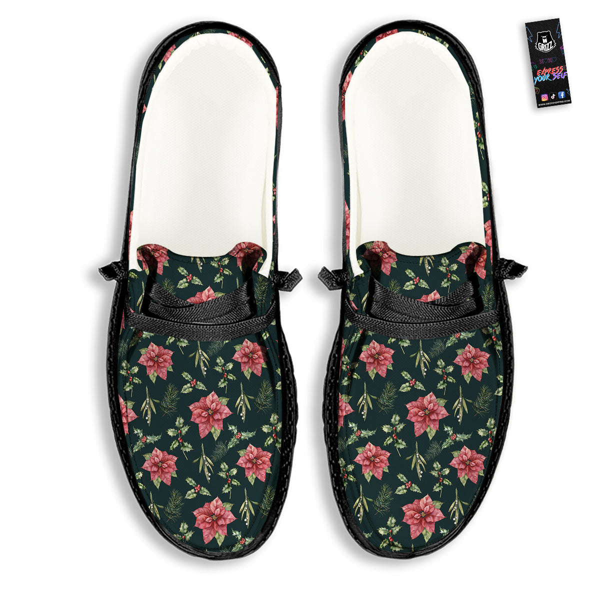 Poinsettia Christmas Watercolor Print Pattern Black Loafers-grizzshop