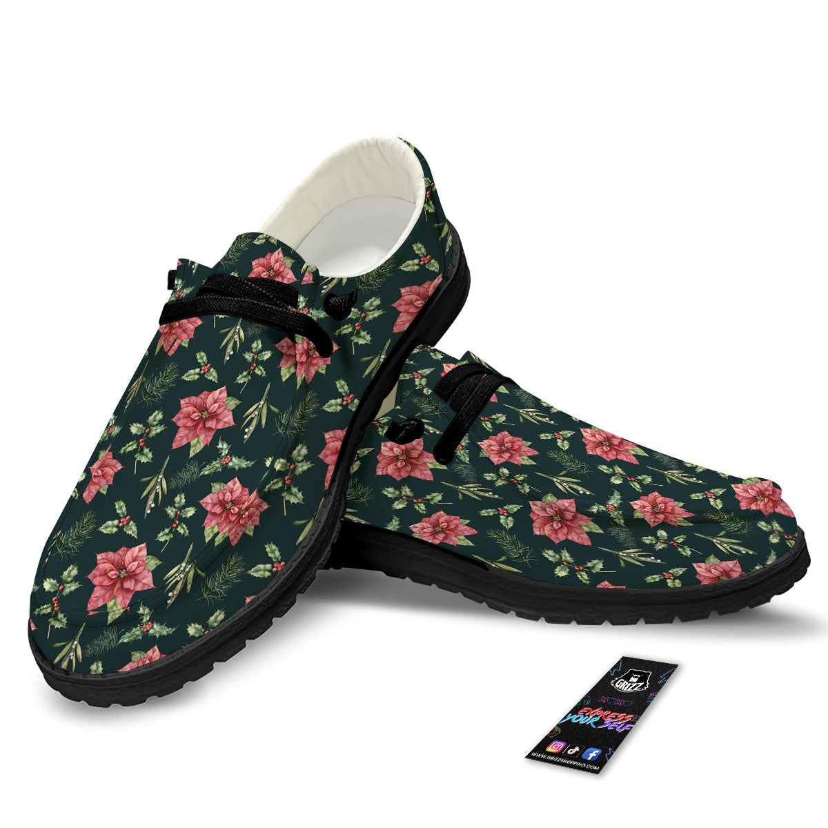 Poinsettia Christmas Watercolor Print Pattern Black Loafers-grizzshop