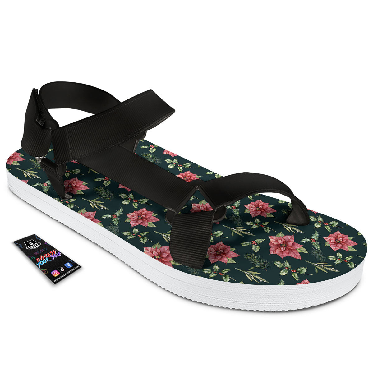 Poinsettia Christmas Watercolor Print Pattern Black Open Toe Sandals-grizzshop