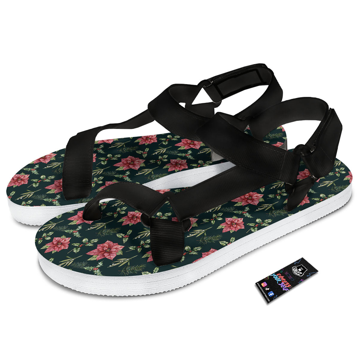 Poinsettia Christmas Watercolor Print Pattern Black Open Toe Sandals-grizzshop