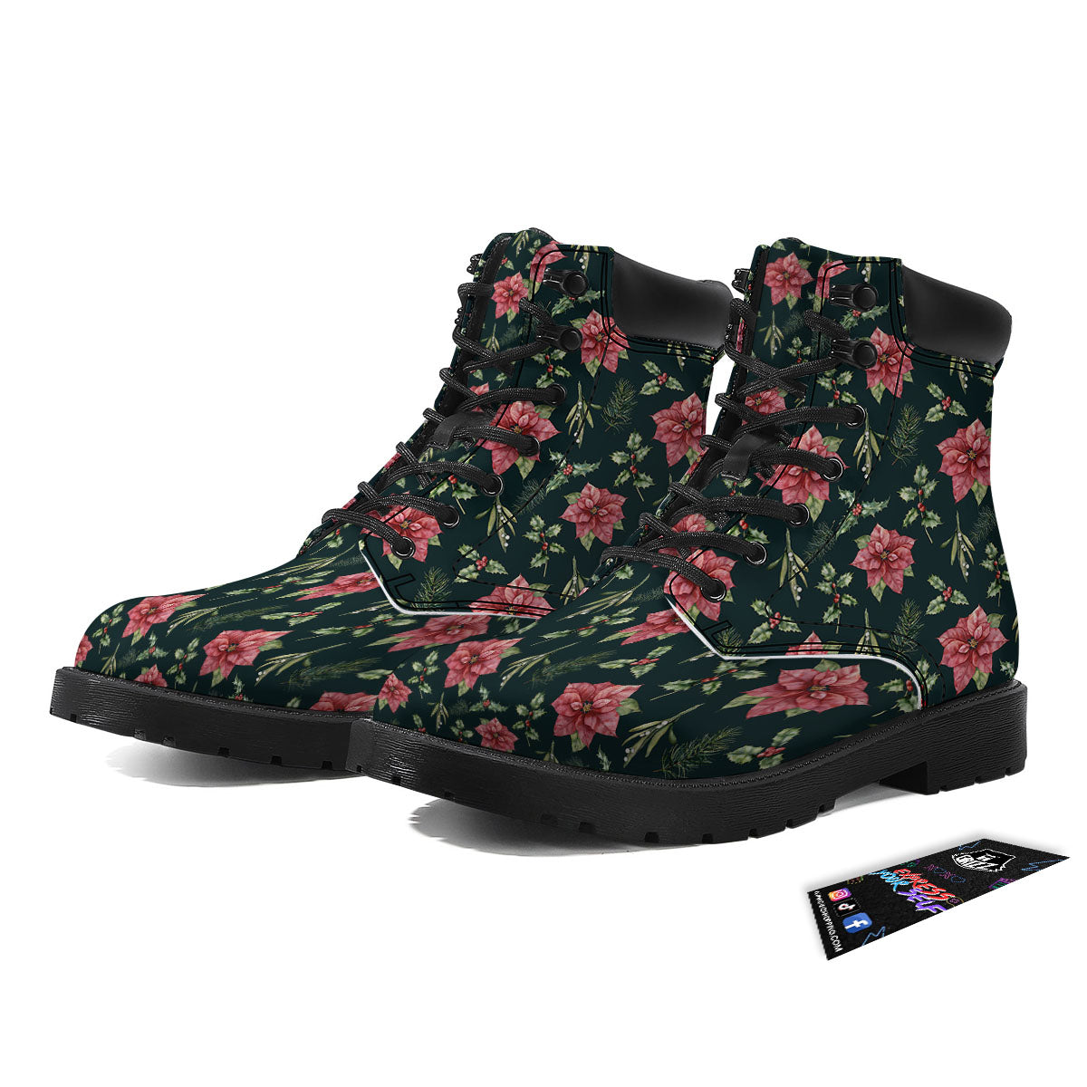 Poinsettia Christmas Watercolor Print Pattern Boots-grizzshop