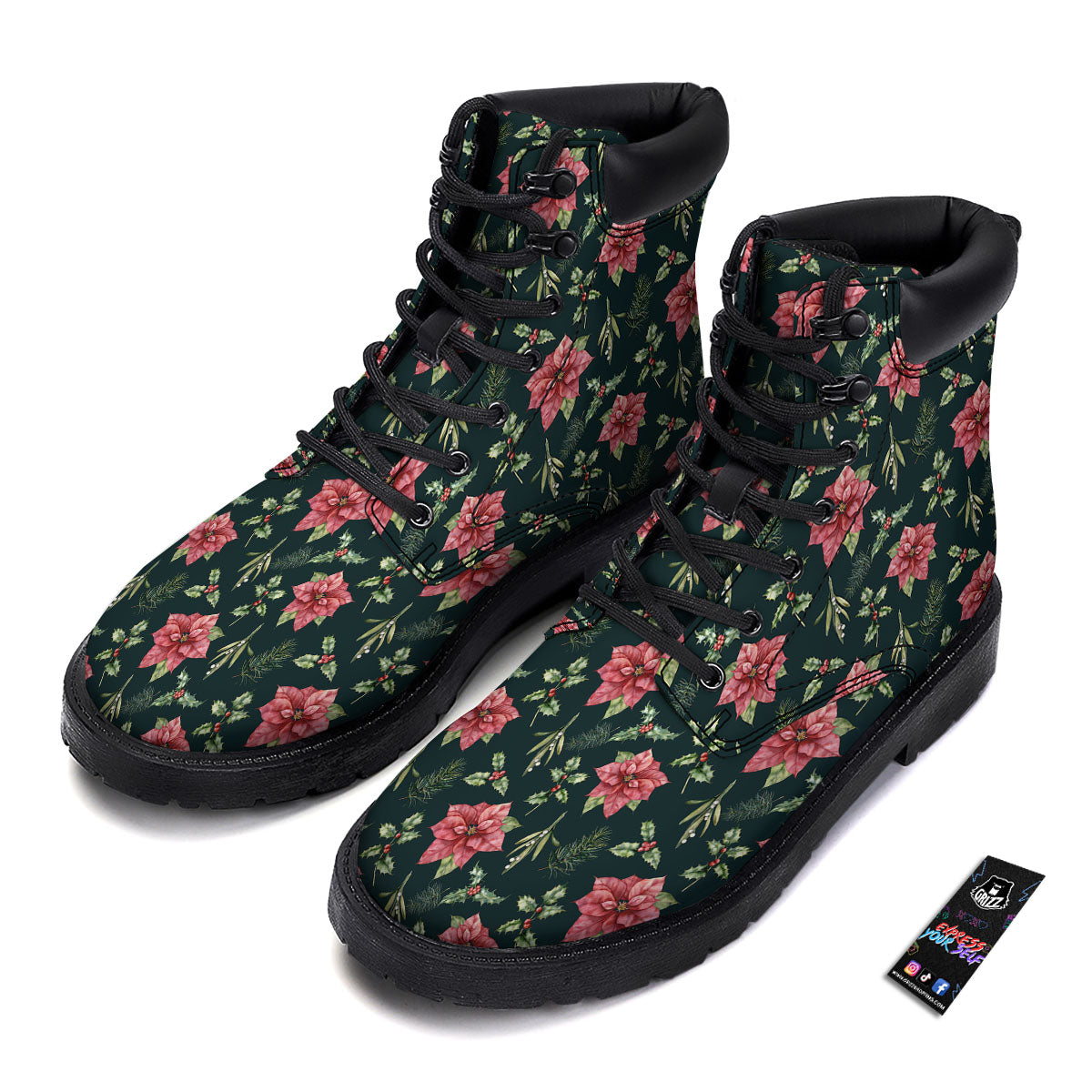 Poinsettia Christmas Watercolor Print Pattern Boots-grizzshop