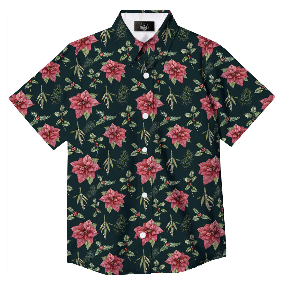 Poinsettia Christmas Watercolor Print Pattern Button Up Shirt-grizzshop