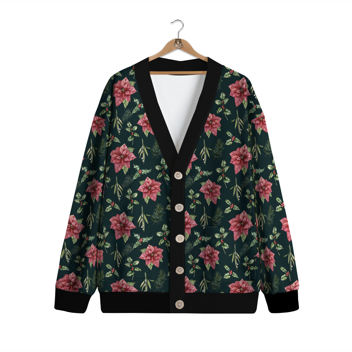 Poinsettia Christmas Watercolor Print Pattern Cardigan-grizzshop