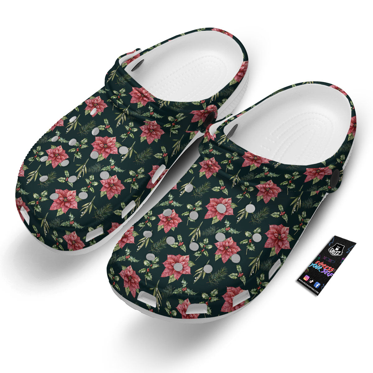Poinsettia Christmas Watercolor Print Pattern Clog-grizzshop