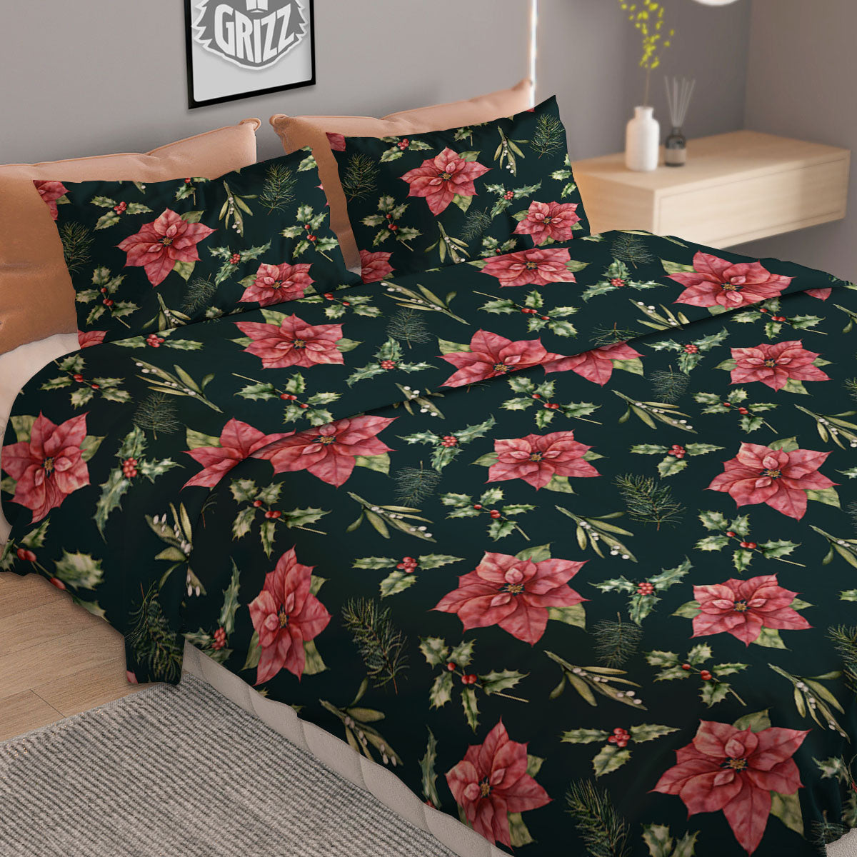 Poinsettia Christmas Watercolor Print Pattern Duvet Cover Bedding Set
