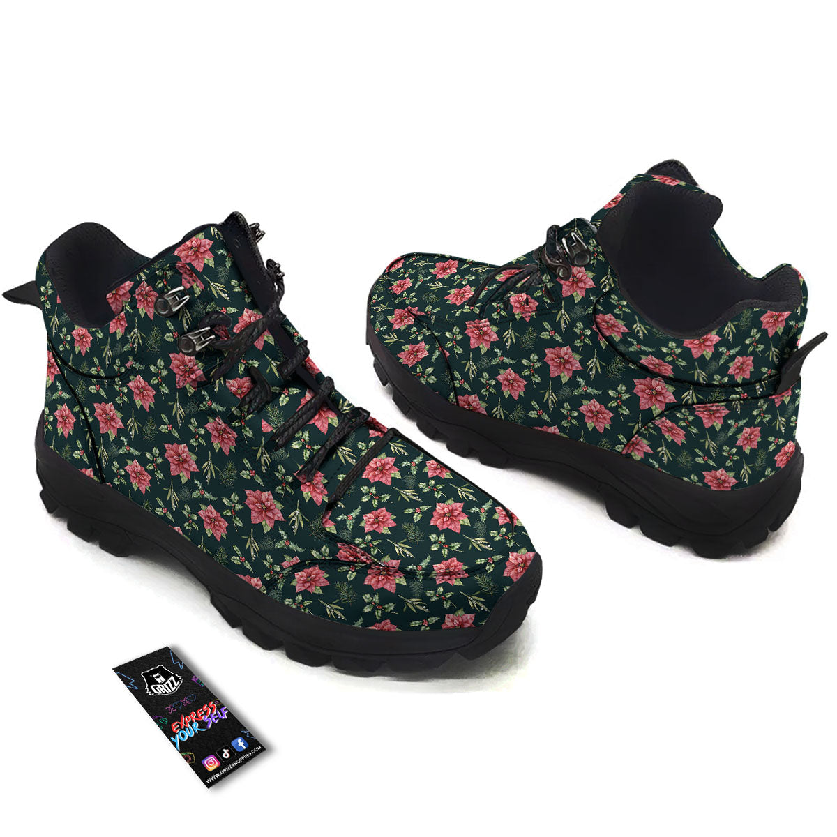Poinsettia Christmas Watercolor Print Pattern Hiking Shoes-grizzshop