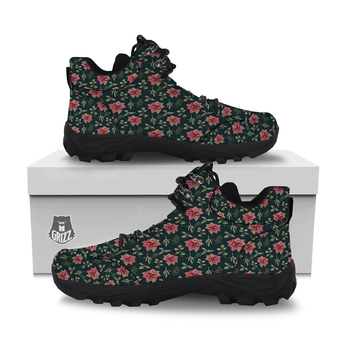 Poinsettia Christmas Watercolor Print Pattern Hiking Shoes-grizzshop