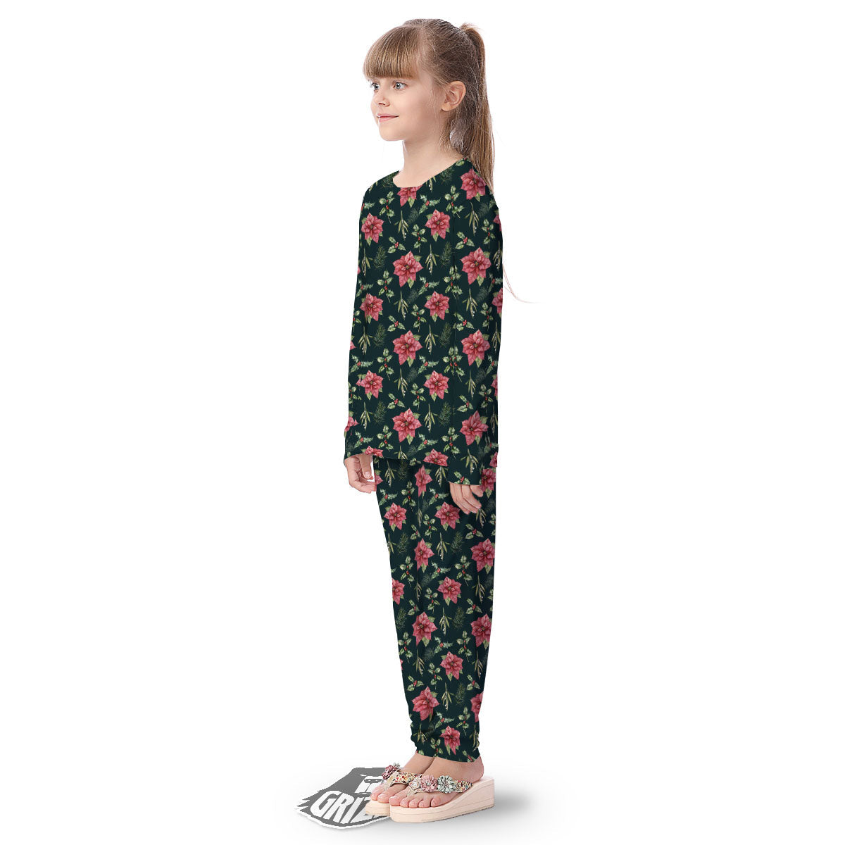 Poinsettia Christmas Watercolor Print Pattern Kid's Pajamas-grizzshop