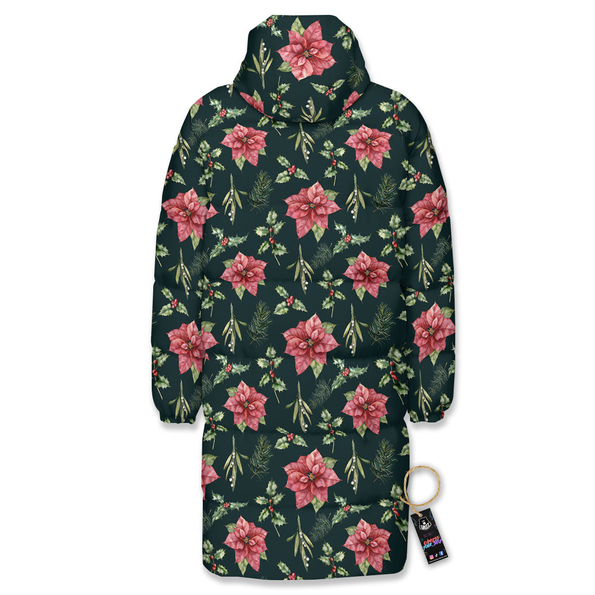 Poinsettia Christmas Watercolor Print Pattern Long Down Jacket-grizzshop