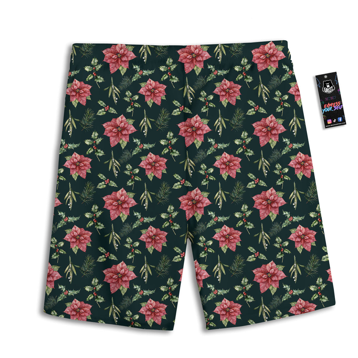 Poinsettia Christmas Watercolor Print Pattern Men's Athletic Shorts