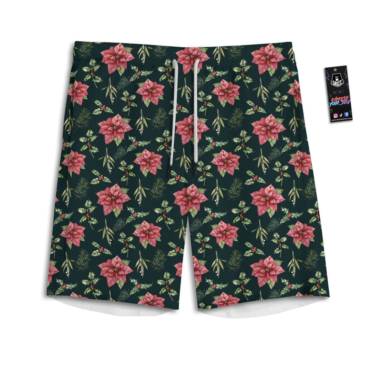 Poinsettia Christmas Watercolor Print Pattern Men's Athletic Shorts