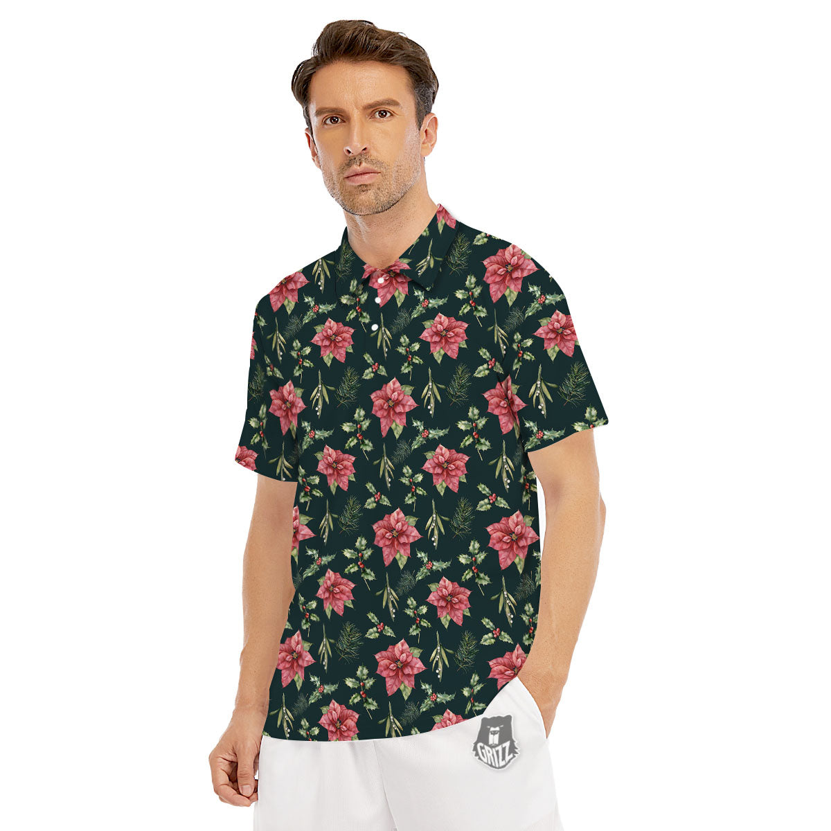 Poinsettia Christmas Watercolor Print Pattern Men's Golf Shirts-grizzshop