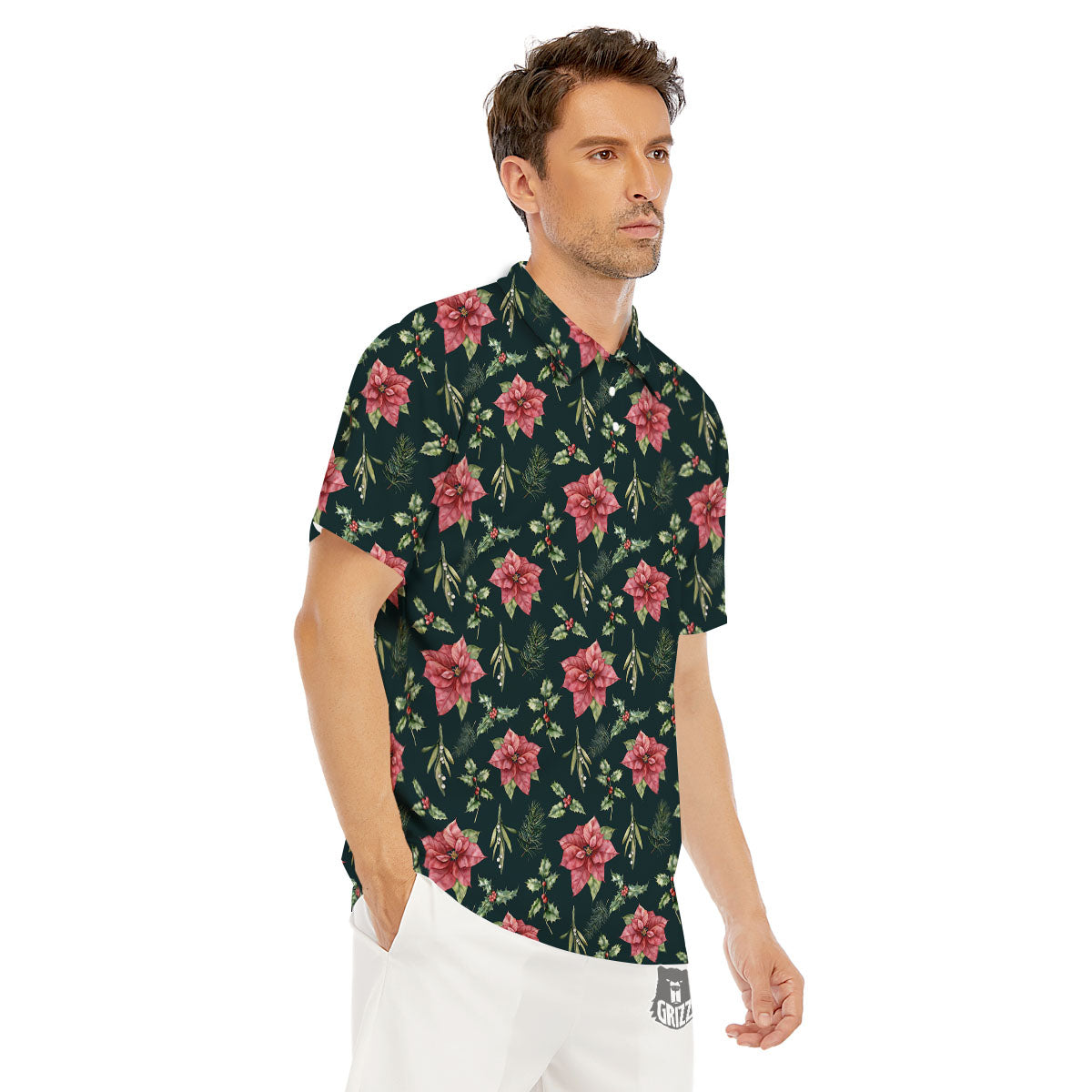 Poinsettia Christmas Watercolor Print Pattern Men's Golf Shirts-grizzshop