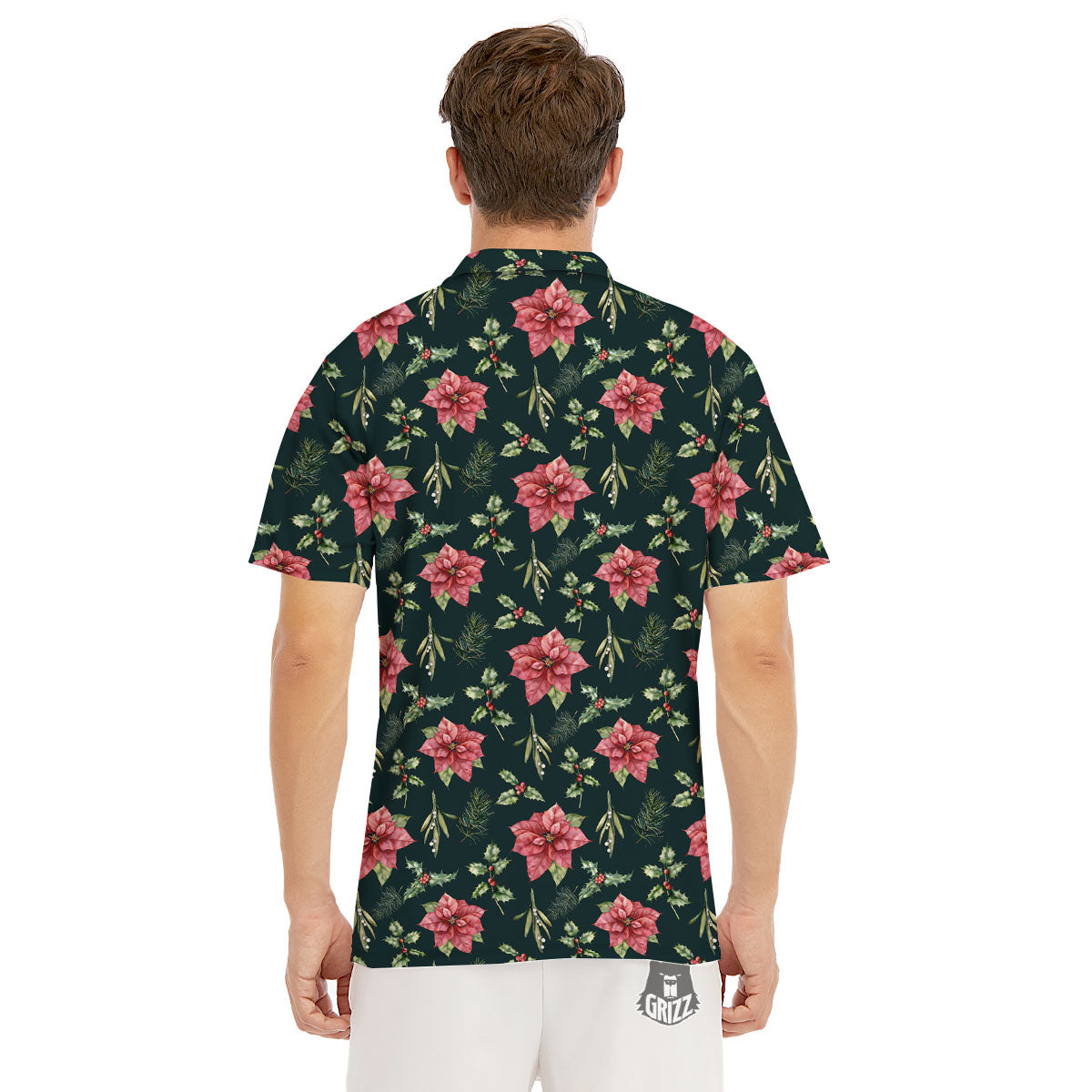 Poinsettia Christmas Watercolor Print Pattern Men's Golf Shirts-grizzshop