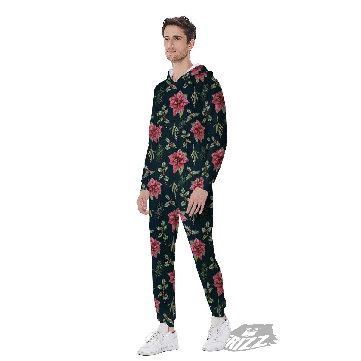 Poinsettia Christmas Watercolor Print Pattern Men's Jumpsuit-grizzshop