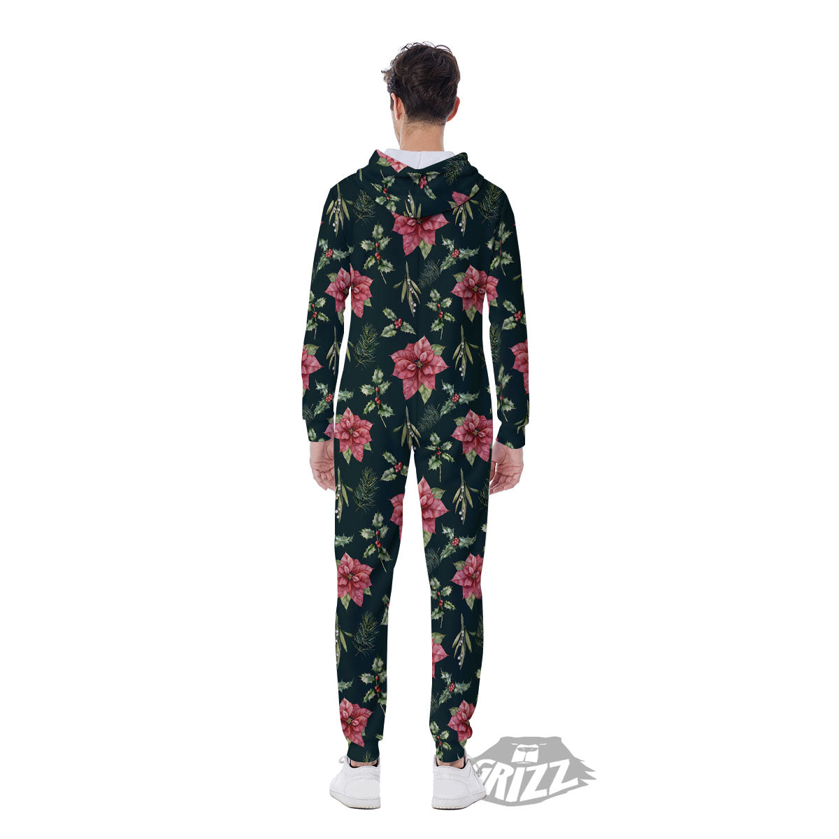 Poinsettia Christmas Watercolor Print Pattern Men's Jumpsuit-grizzshop