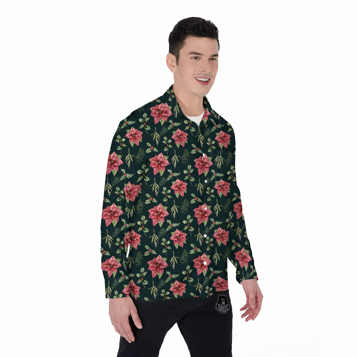Poinsettia Christmas Watercolor Print Pattern Men's Long Sleeve Shirts-grizzshop
