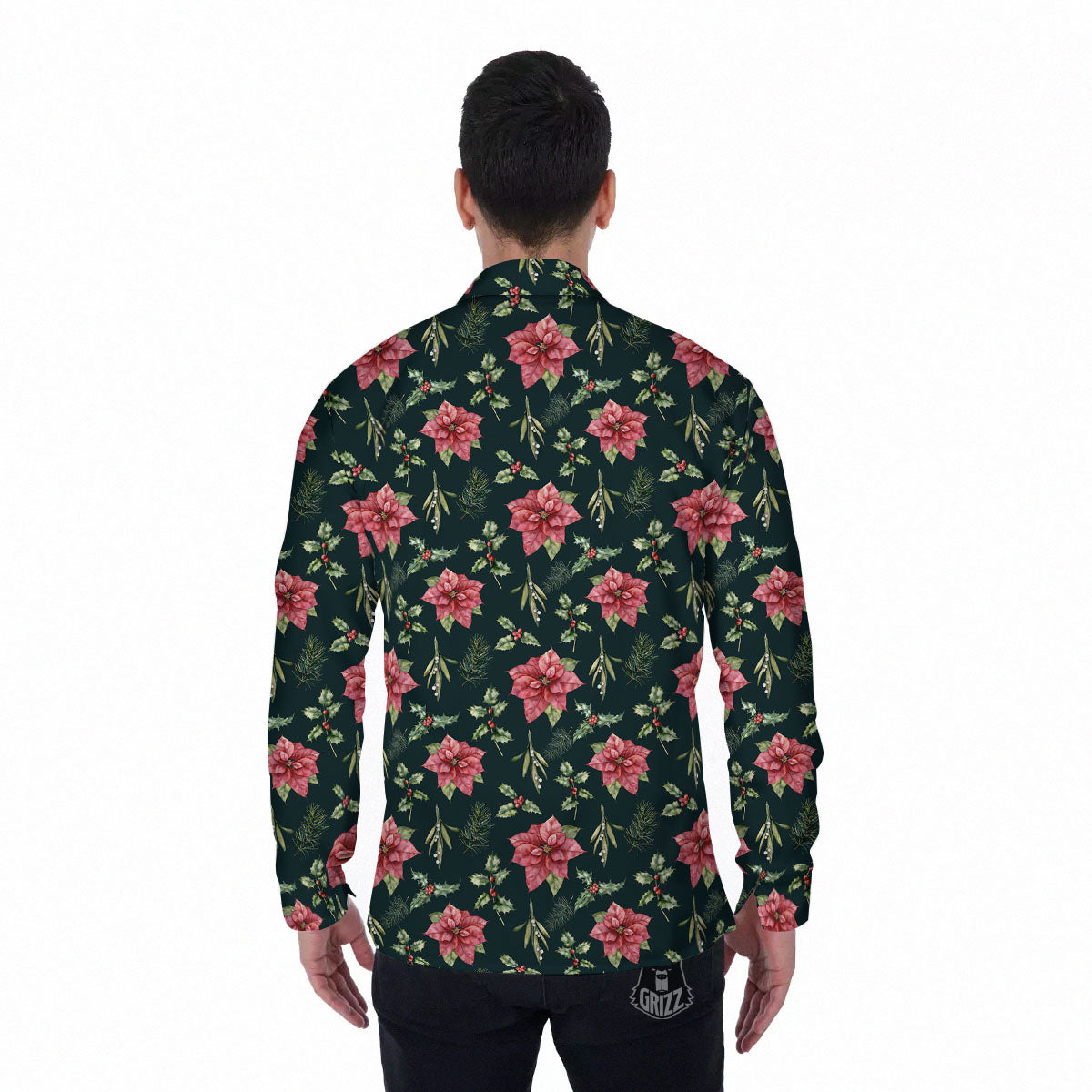 Poinsettia Christmas Watercolor Print Pattern Men's Long Sleeve Shirts-grizzshop