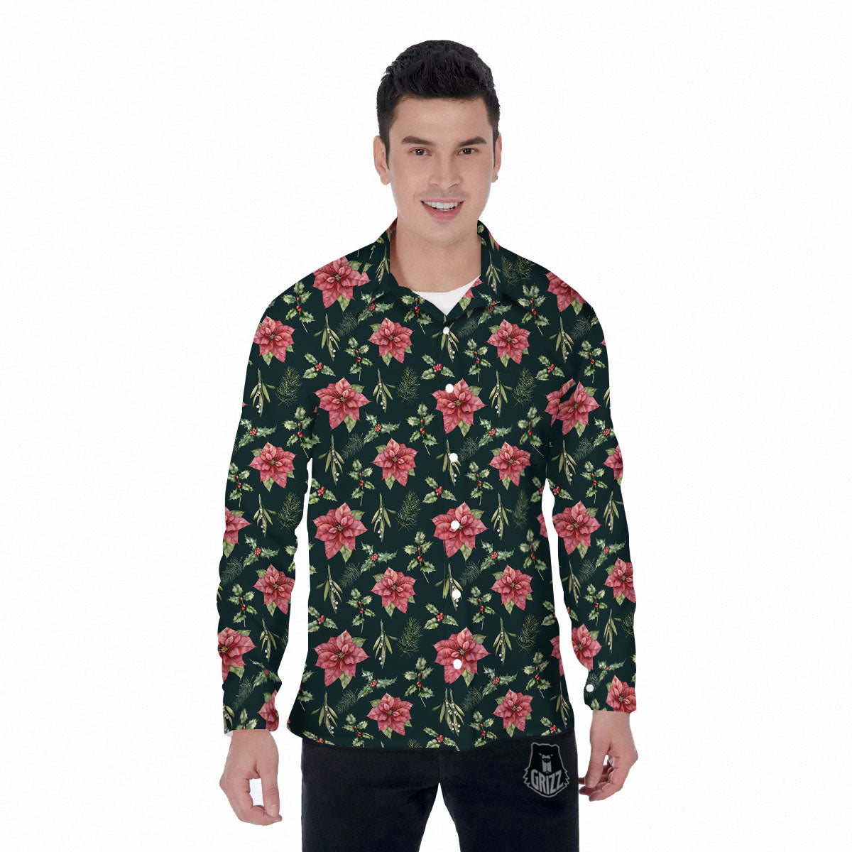 Poinsettia Christmas Watercolor Print Pattern Men's Long Sleeve Shirts-grizzshop