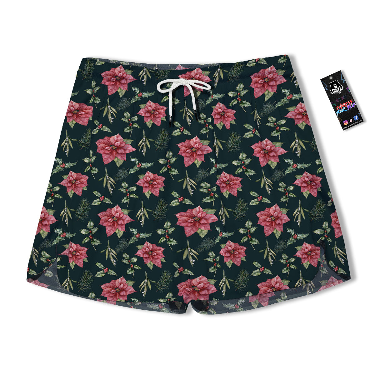 Poinsettia Christmas Watercolor Print Pattern Men's Running Shorts-grizzshop
