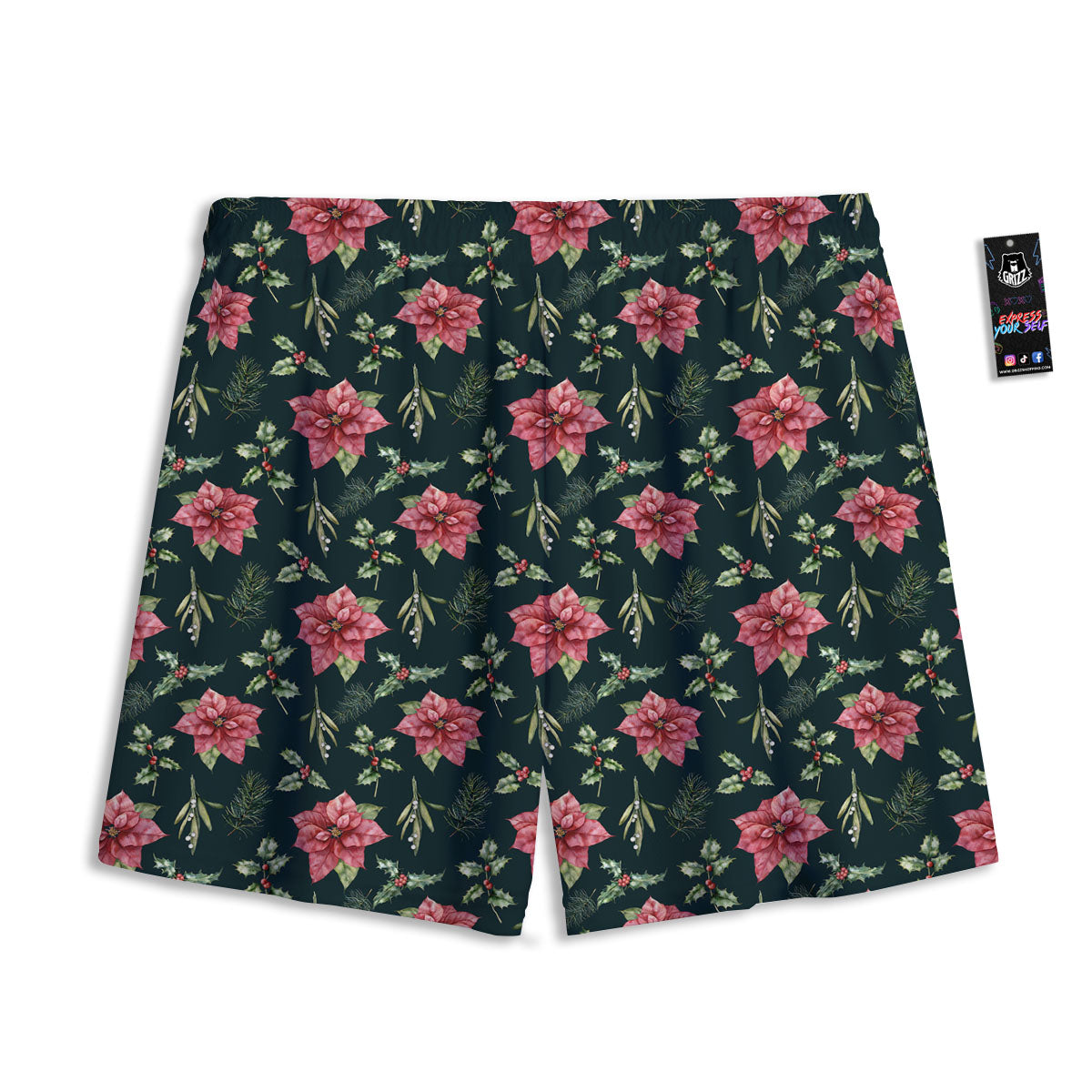 Poinsettia Christmas Watercolor Print Pattern Mesh Shorts