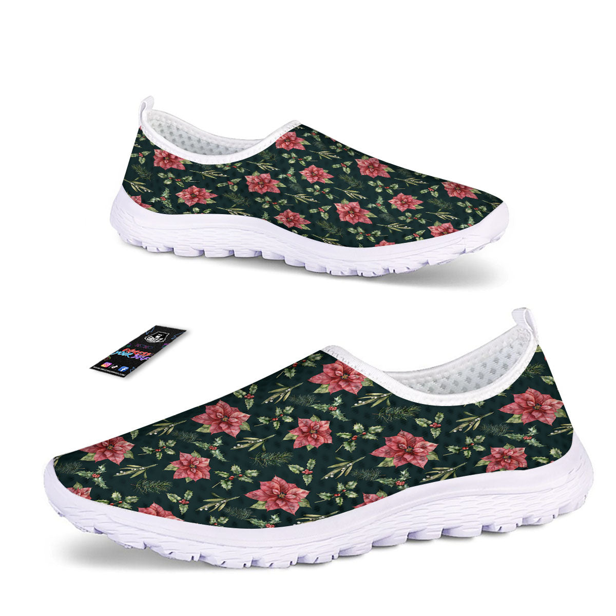 Poinsettia Christmas Watercolor Print Pattern Nurse Shoes-grizzshop