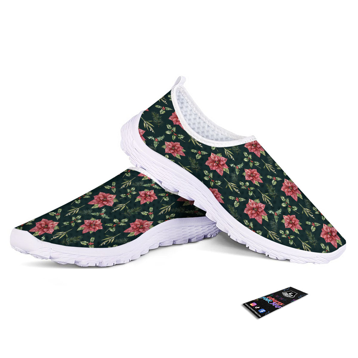 Poinsettia Christmas Watercolor Print Pattern Nurse Shoes-grizzshop
