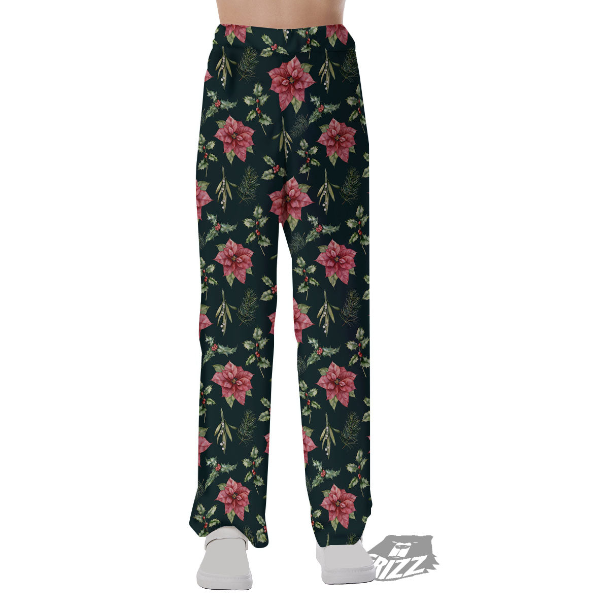 Poinsettia Christmas Watercolor Print Pattern Pajama Pants-grizzshop
