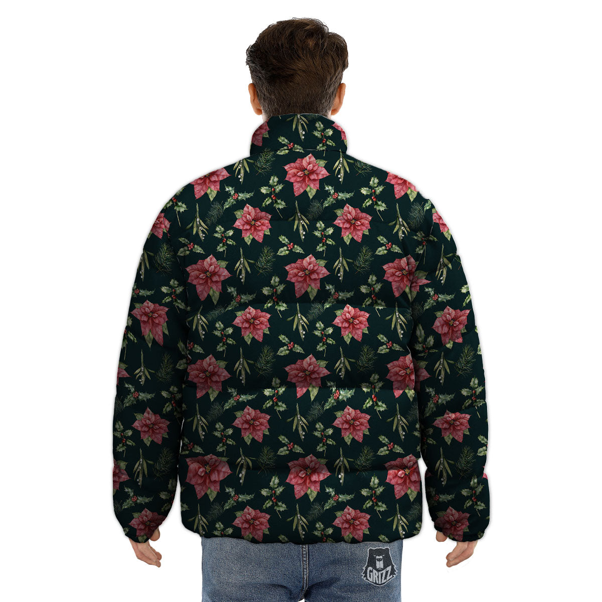 Poinsettia Christmas Watercolor Print Pattern Puffer Jacket-grizzshop