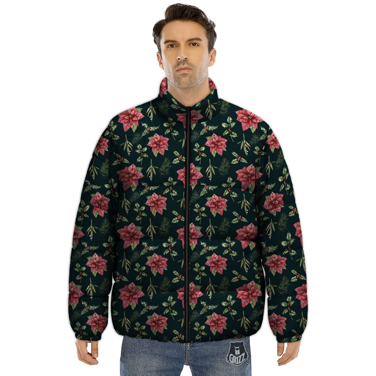 Poinsettia Christmas Watercolor Print Pattern Puffer Jacket-grizzshop