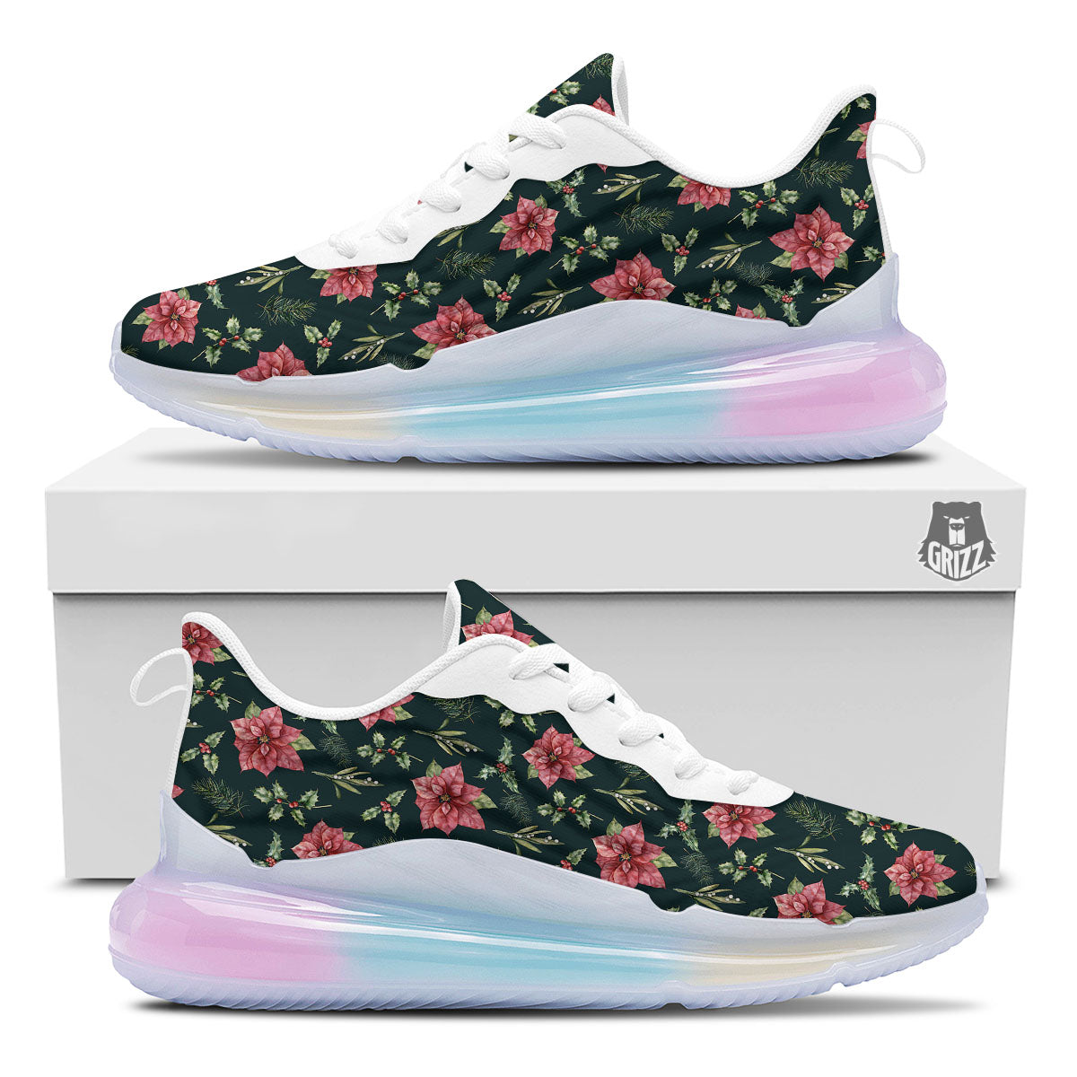 Poinsettia Christmas Watercolor Print Pattern Running Sneakers-grizzshop