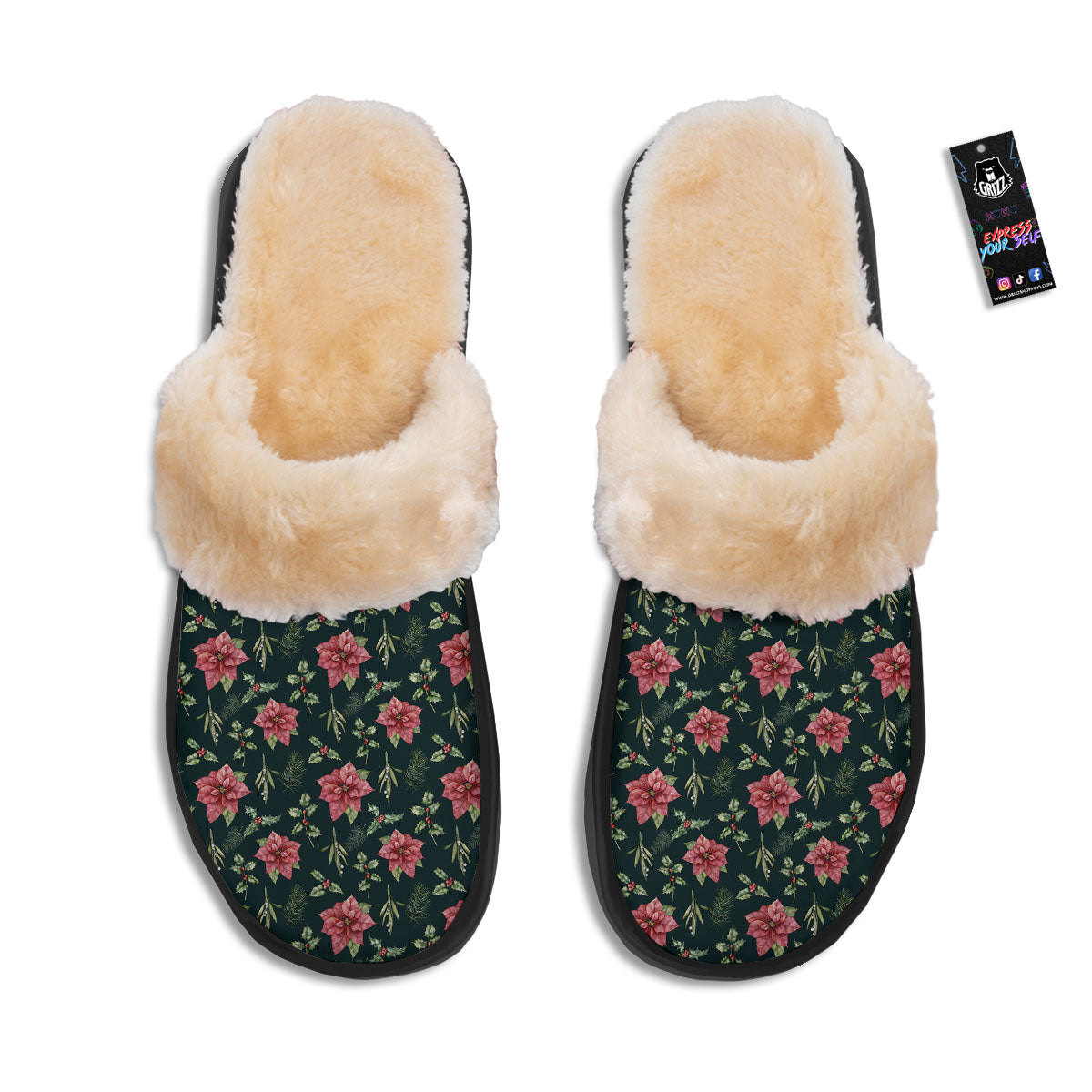 Poinsettia Christmas Watercolor Print Pattern Slippers-grizzshop