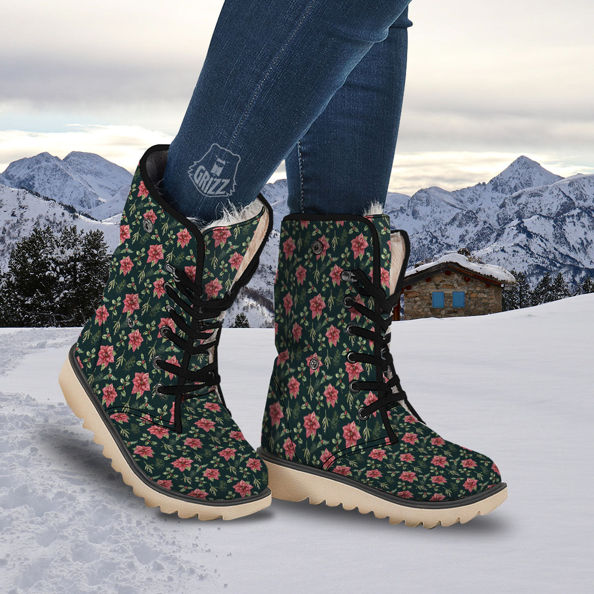 Poinsettia Christmas Watercolor Print Pattern Snow Boots-grizzshop