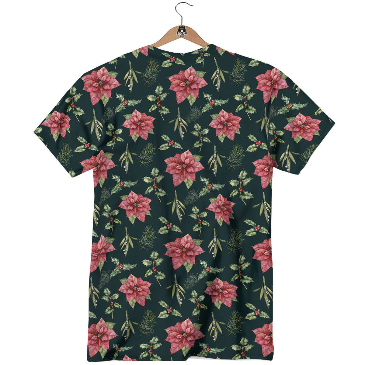 Poinsettia Christmas Watercolor Print Pattern T-Shirt-grizzshop
