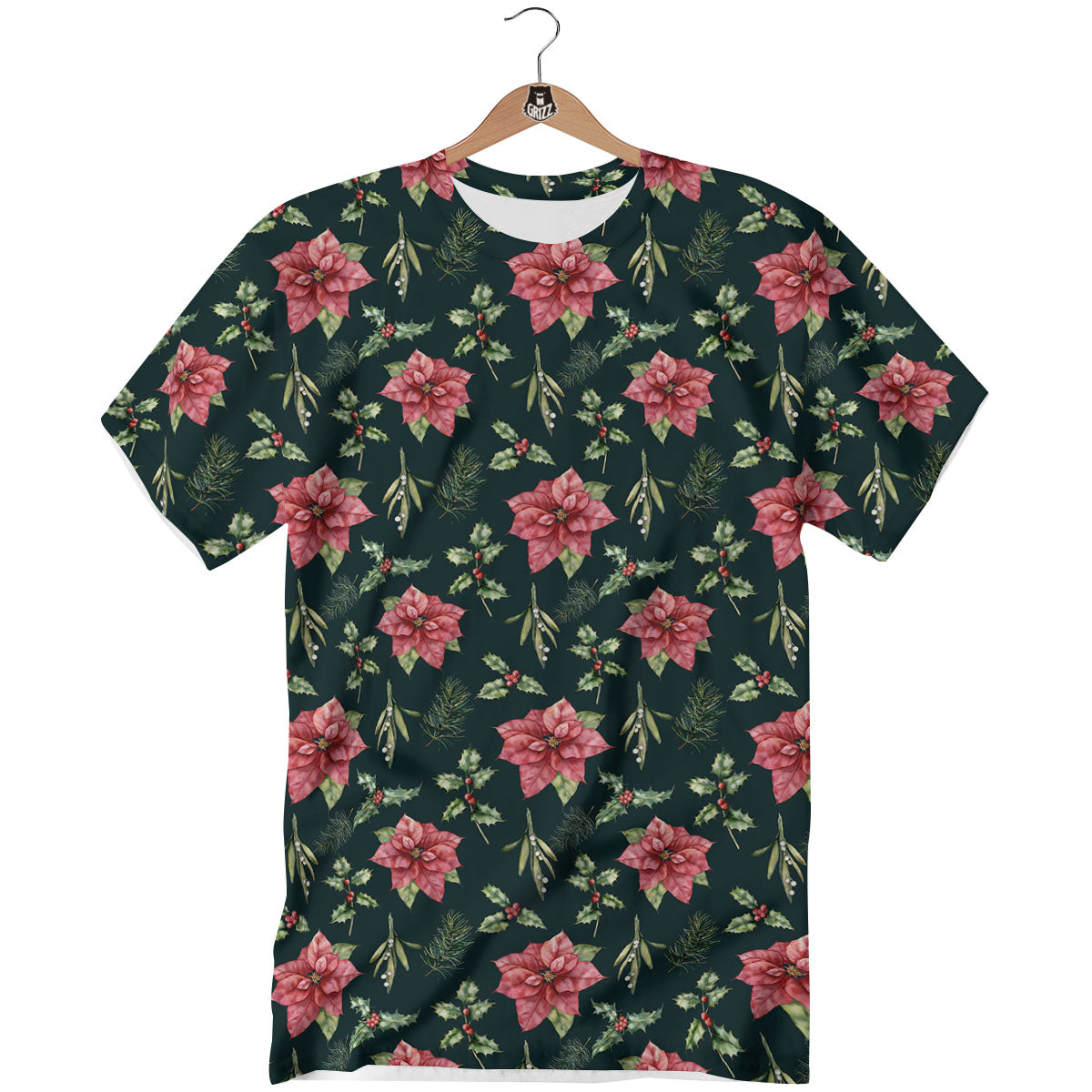 Poinsettia Christmas Watercolor Print Pattern T-Shirt-grizzshop