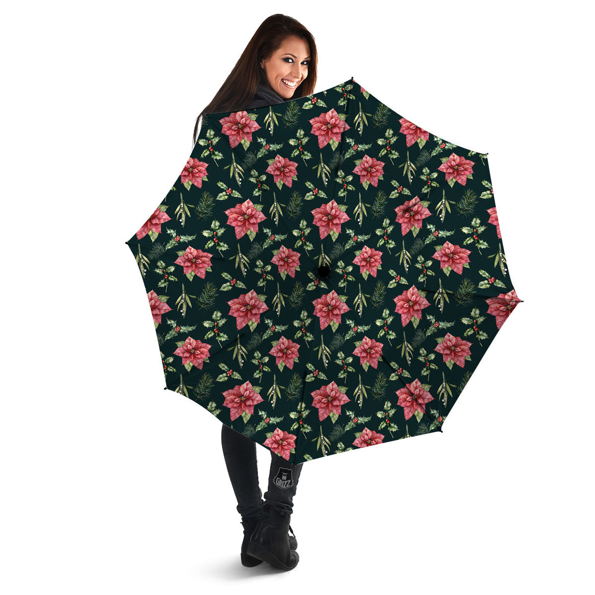 Poinsettia Christmas Watercolor Print Pattern Umbrella-grizzshop