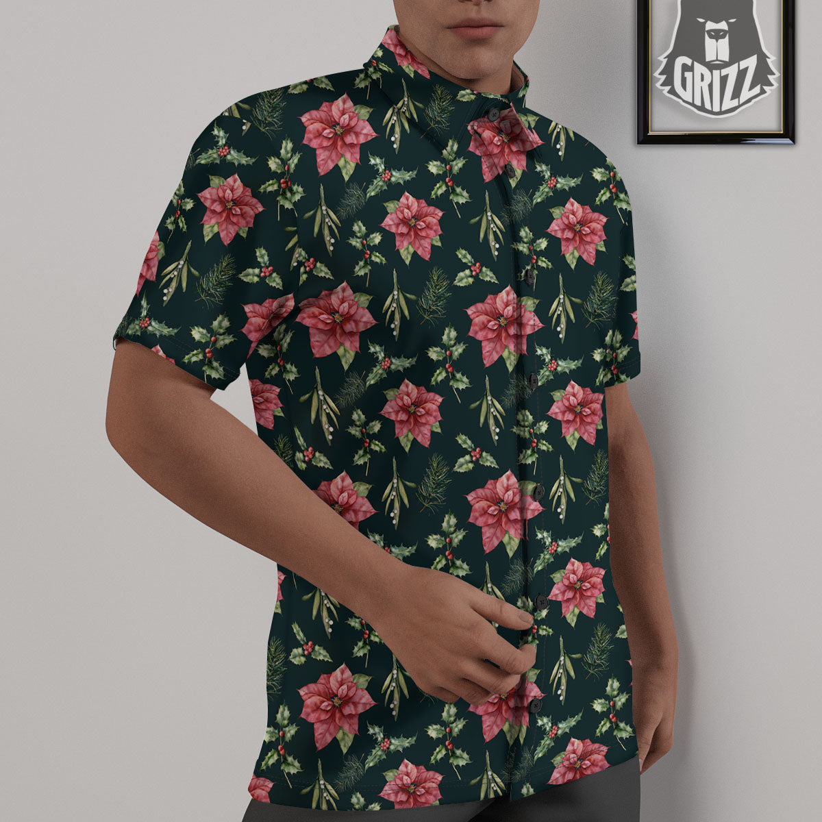Poinsettia Christmas Watercolor Print Pattern Untucked Shirts-grizzshop