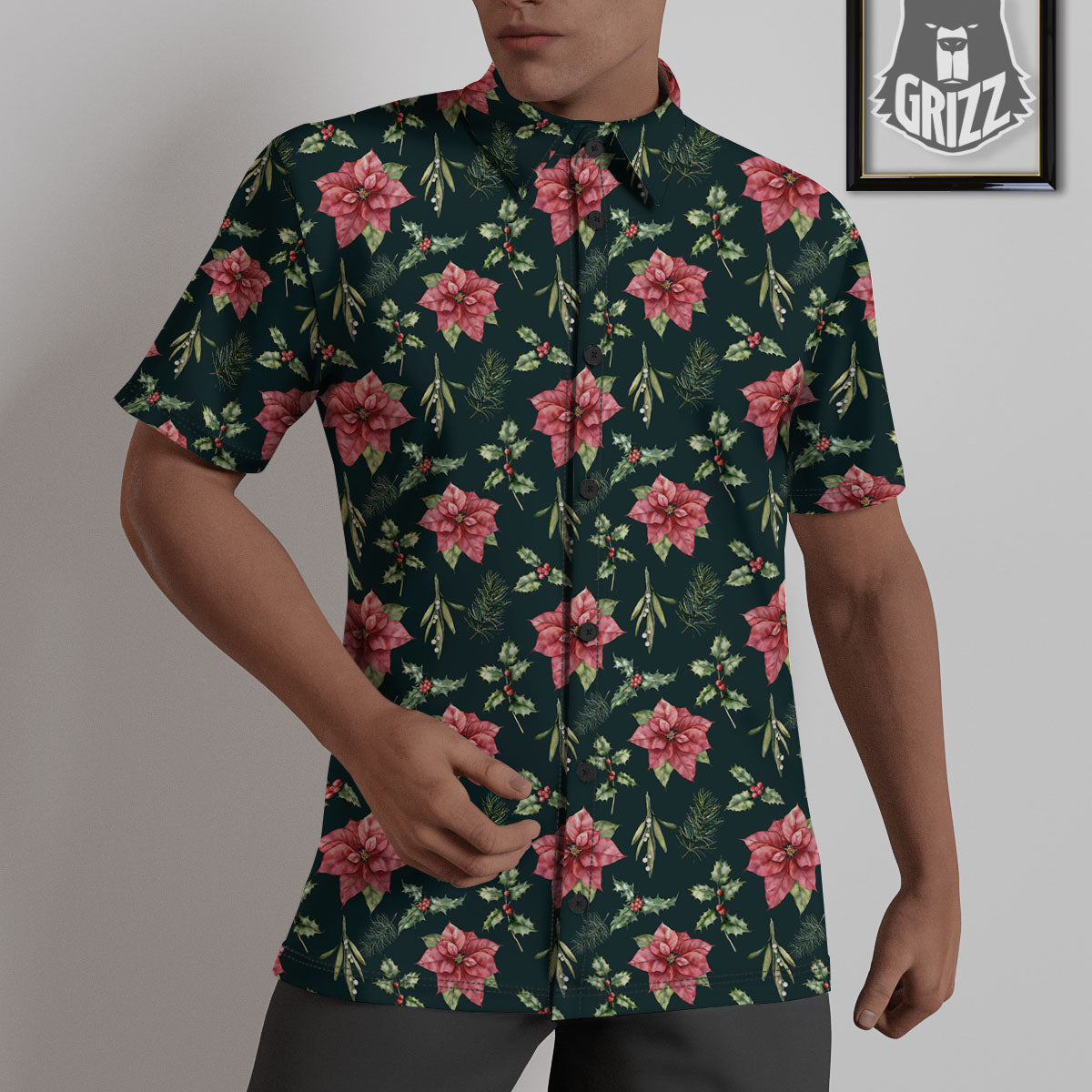 Poinsettia Christmas Watercolor Print Pattern Untucked Shirts-grizzshop