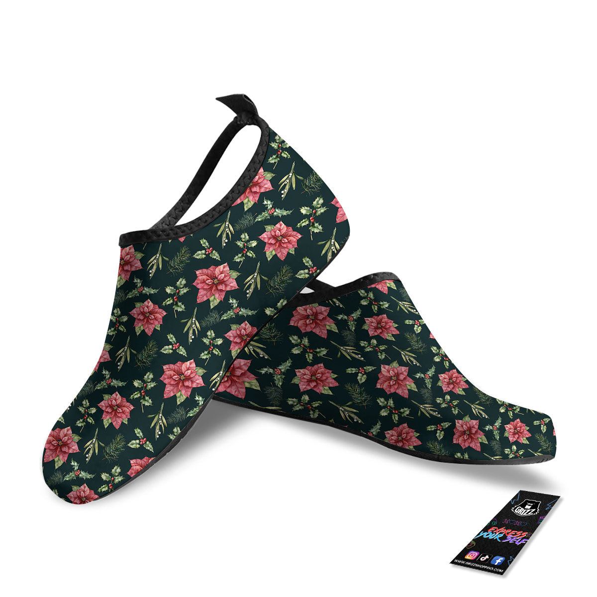 Poinsettia Christmas Watercolor Print Pattern Water Shoes-grizzshop