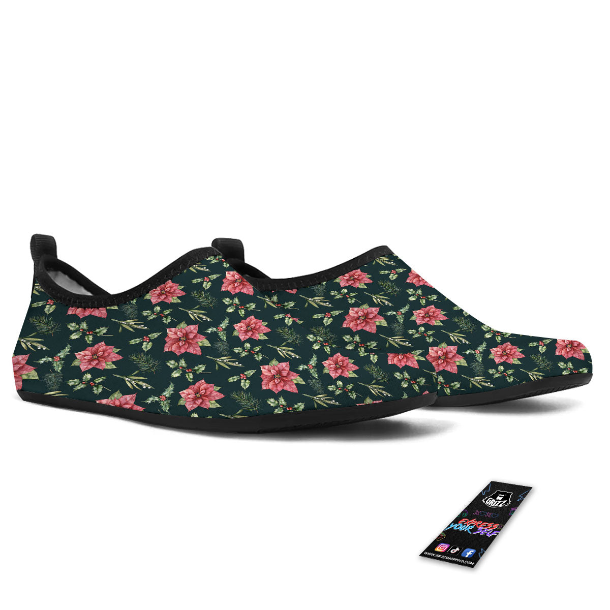 Poinsettia Christmas Watercolor Print Pattern Water Shoes-grizzshop