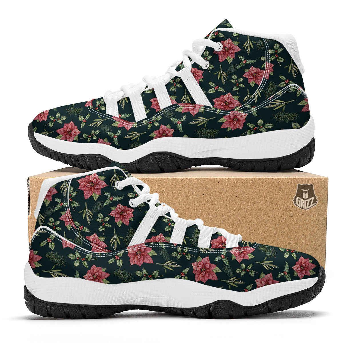 Poinsettia Christmas Watercolor Print Pattern White Bball Shoes-grizzshop